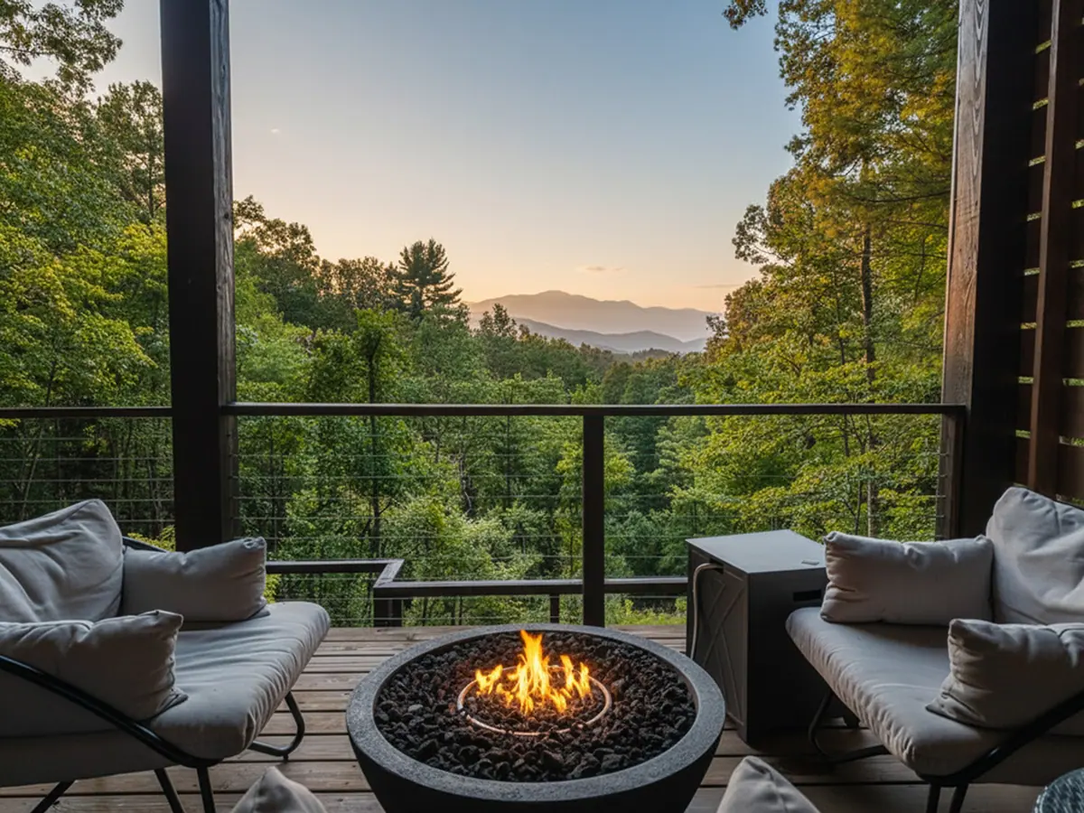 Gas fire bowl alight on the covered upper deck, framed by cushioned seating with the Blue Ridge mountains fading into a sunset sky beyond the railing.