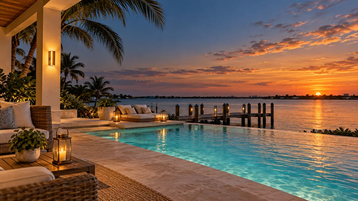 A waterfront terrace at sunset, with a lit pool, cushioned seating and lanterns beside a dock on calm water.