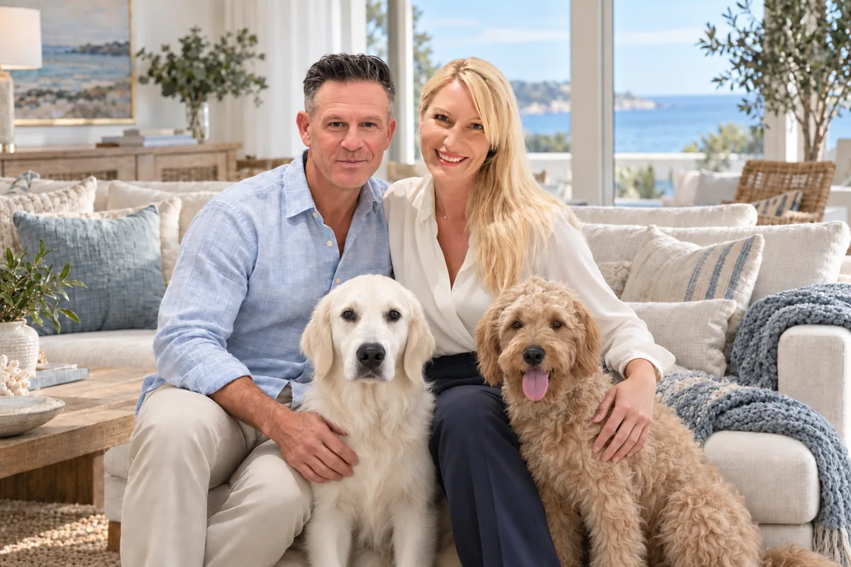 Mandy and Roy, owners and hosts of The Haus Collection, with their two dogs.